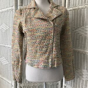 Umgee Crop Moto Zip Lined Tweed Ivory Jacket Small 4-6.